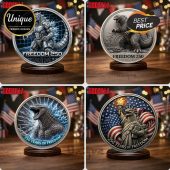 Silver Godzilla patriotic collectible medallions! Featuring American flag motifs and powerful Godzilla designs! Text: FREEDOM 250, 250 YEARS OF FREEDOM!