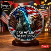 Patriotic commemorative medal with green Godzilla-like monster, bald eagle, American flag background, and '250 YEARS OF FREEDOM' text!