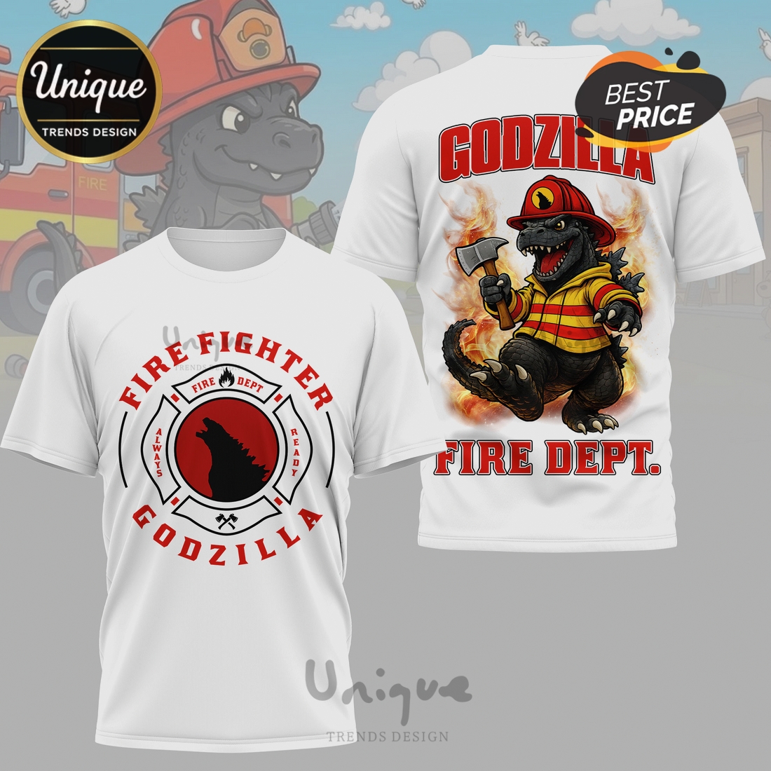 Godzilla Firefighter Cartoon Graphic Premium Design Unisex T-Shirt Godzilla Firefighter Cartoon Graphic Premium Design Unisex T-Shirt