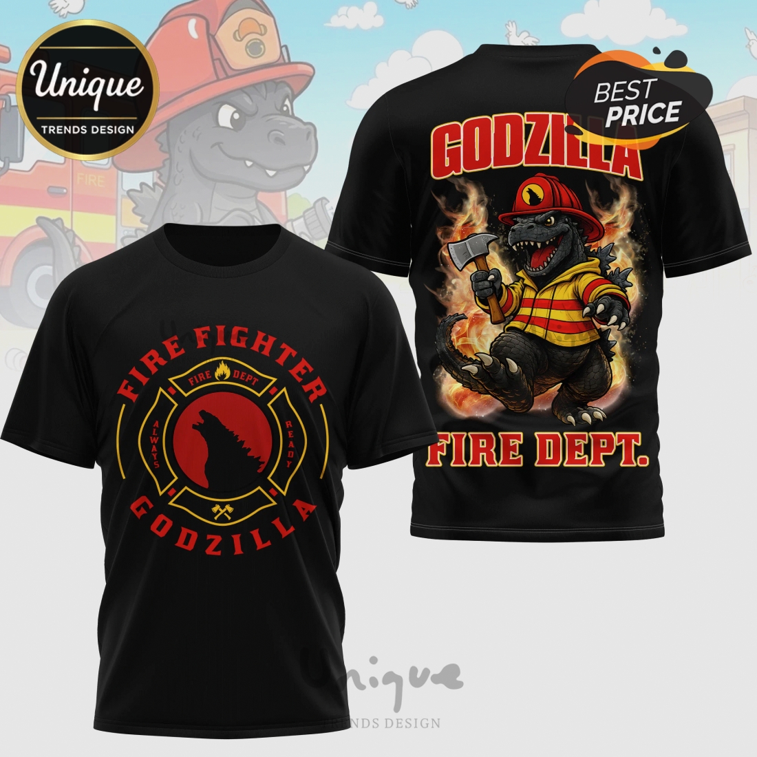 Godzilla Firefighter Cartoon Graphic Premium Design Unisex T-Shirt Godzilla Firefighter Cartoon Graphic Premium Design Unisex T-Shirt