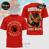 Red t-shirts show Godzilla as a firefighter with axes, logo, and text 'Fire Fighter Godzilla Fire Dept'.!