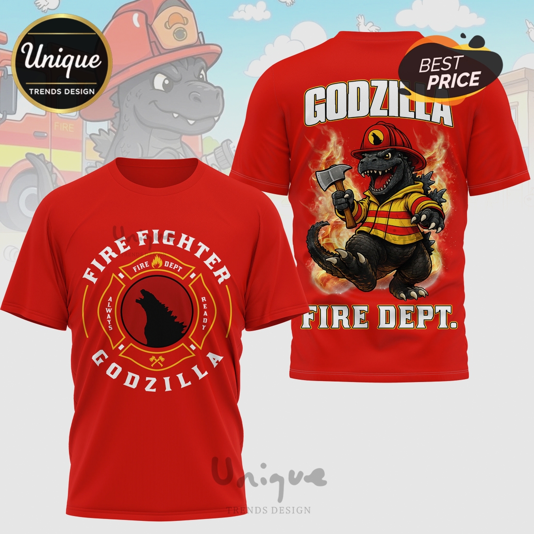 Godzilla Firefighter Cartoon Graphic Premium Design Unisex T-Shirt Godzilla Firefighter Cartoon Graphic Premium Design Unisex T-Shirt