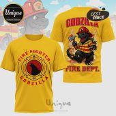 Yellow t-shirt featuring a Godzilla firefighter design, front and back views.!
