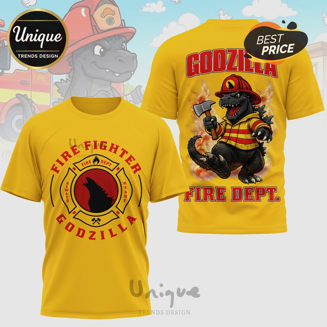 Godzilla Firefighter Cartoon Graphic Premium Design Unisex T-Shirt Godzilla Firefighter Cartoon Graphic Premium Design Unisex T-Shirt