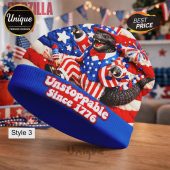 Beanie featuring a Godzilla character wearing patriotic attire with 'Unstoppable Since 1776' text.!