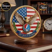 Gold patriotic commemorative coin with US flag, eagle, Grateful Dead skull,