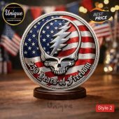 Retro Grateful Dead Steal Your Face skull coin with American flag design and