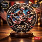 Gold metallic coin design with skeleton in Uncle Sam hat playing US flag guitar,