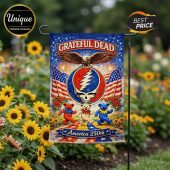 Patriotic Grateful Dead garden flag! Red white blue Steal Your Face skull, bald eagle, dancing bears, 