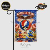 Retro Grateful Dead garden flag in blue, red, white, gold. Features an eagle, Steal Your Face skull, dancing bears. Text: GRATEFUL DEAD, America 250th!