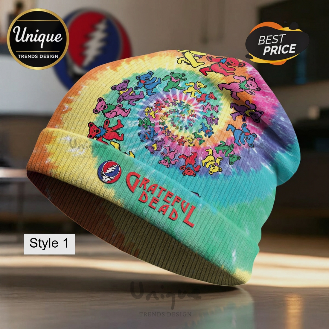 Grateful Dead Dancing Bears Tie Dye Graphic Beanie Hat Grateful Dead Dancing Bears Tie Dye Graphic Beanie Hat