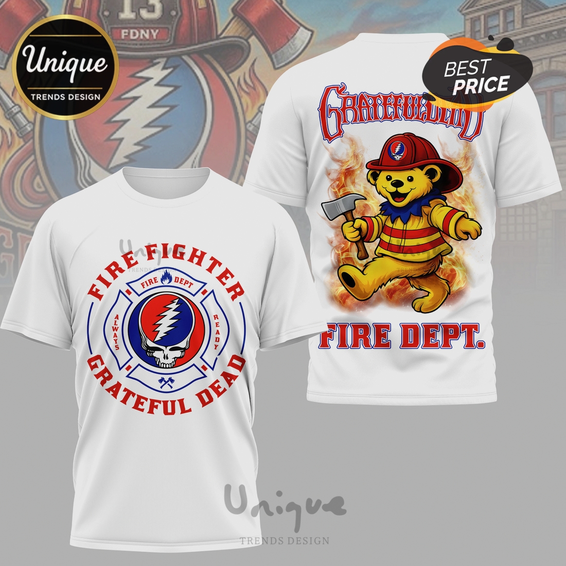 Grateful Dead Firefighter Steal Your Face Bear 3D Graphic T-Shirt Grateful Dead Firefighter Steal Your Face Bear 3D Graphic T-Shirt