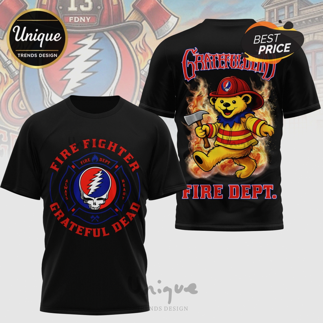 Grateful Dead Firefighter Steal Your Face Bear 3D Graphic T-Shirt Grateful Dead Firefighter Steal Your Face Bear 3D Graphic T-Shirt