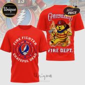 Red tee shirts feature Grateful Dead firefighter themes; skull logo and dancing bear!