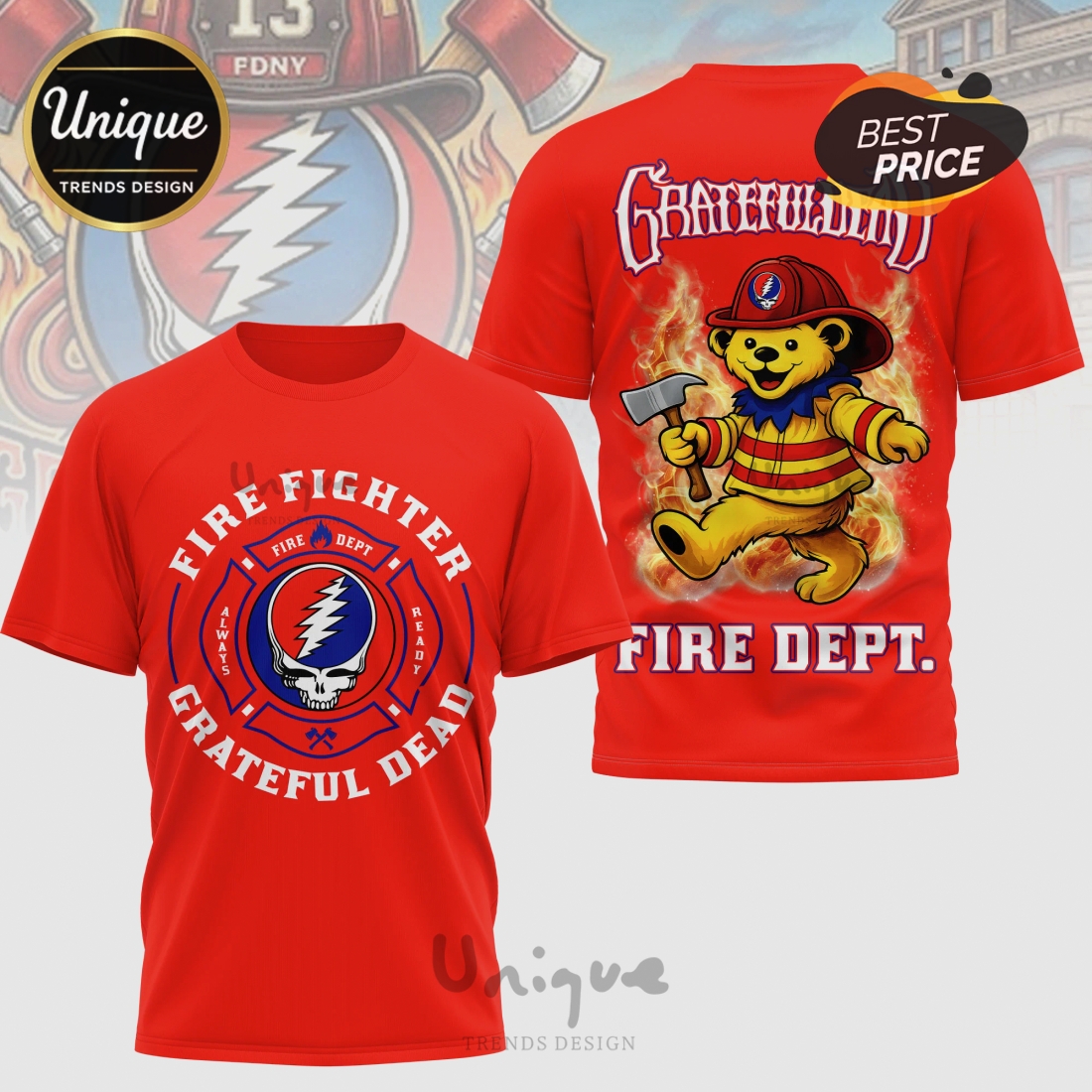 Grateful Dead Firefighter Steal Your Face Bear 3D Graphic T-Shirt Grateful Dead Firefighter Steal Your Face Bear 3D Graphic T-Shirt