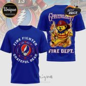 Blue t-shirts with Grateful Dead and Firefighter themed designs on the front and back.!