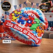 Red, white, and blue tie dye beanie with dancing bears holding American flags and '250 Years of Dancing' text.!