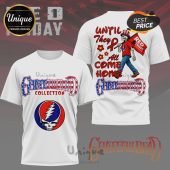 White tee: Grateful Dead skeleton, red, blue, & white. 'Until They All Come Home' text. Red Friday flag art!