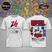 White tee: '26 Milano Cortina 2026' front, 'Grateful Dead Winter Olympic Games' back. Colorful retro design!