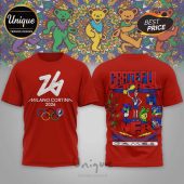 Red tee: '26 Milano Cortina 2026' w/Olympic rings & Grateful Dead bear logo. Back: 'Grateful Dead', skeleton, bears, 'Winter Olympic Games'.!