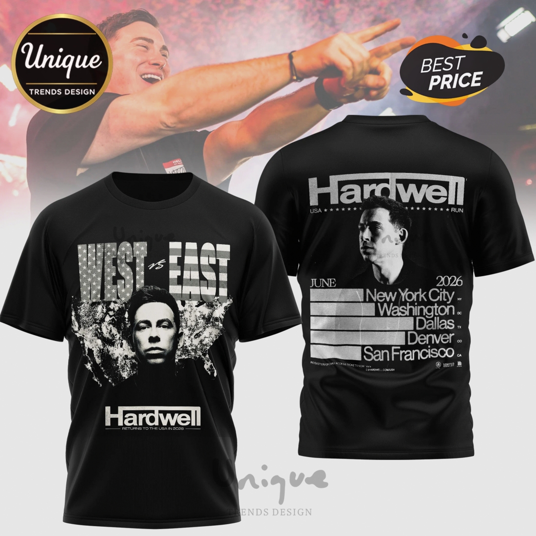 Hardwell USA Tour 2026 West vs East Music Festival Graphic T-Shirt Hardwell USA Tour 2026 West vs East Music Festival Graphic T-Shirt