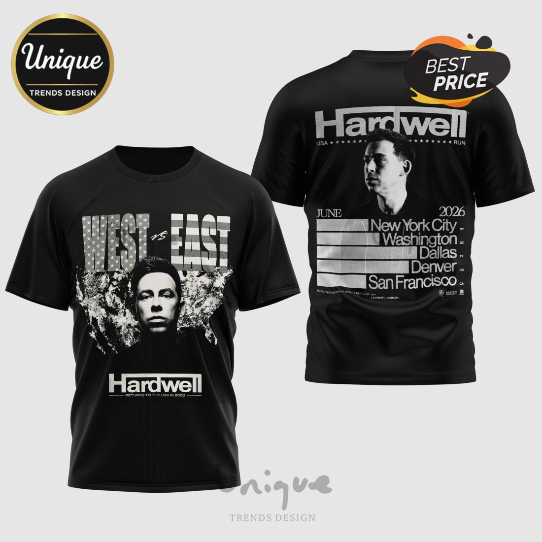 Hardwell USA Tour 2026 West vs East Music Festival Graphic T-Shirt Hardwell USA Tour 2026 West vs East Music Festival Graphic T-Shirt