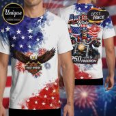 All-over print shirt with an eagle, Harley-Davidson logo, stars, stripes, fireworks, and skeleton rider graphic.!