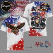 T-shirt featuring an eagle with Harley Davidson logo and a skeleton riding a motorcycle with '250 years of freedom'.!