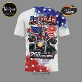 T-shirt featuring a skeleton biker with American flag and '250 Years of Freedom' text.!