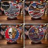 Harley-Davidson patriotic medallions! Red, white, blue American flag art, eagles, skulls, motorcycles! Text: MOTOR HARLEY-DAVIDSON CYCLES, 250 Years of Freedom!