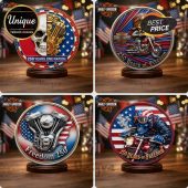 Red white blue Harley-Davidson motorcycle and skull designs, patriotic retro style. Text: 250 YEARS. ONE NATION. FREEDOM 250!