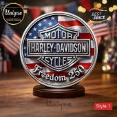 Round metallic Harley-Davidson Cycles Freedom 250 plaque! Embossed patriotic American flag design in red, white, and blue!
