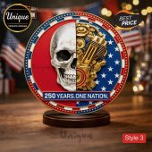 Red white blue patriotic skull and gold engine design on circular plaque, '250 YEARS. ONE NATION.' text!