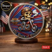 Patriotic biker medallion: Gold skull in helmet riding red motorcycle, radial red white blue stripes, text 'HARLEY-DAVIDSON CYCLES' '250 Years of Freedom'!