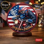 Round patriotic biker plaque, blue skull with flag helmet, red motorcycle, 