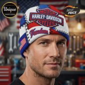 Patriotic Harley-Davidson beanie! Red, white, blue design with 'Freedom' text. American flag detail. Best Price!