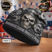 Skull beanie, gray camo print. Text: AMERICA'S LEGEND HARLEY'S PRIDE, 1776-2026. Biker style!