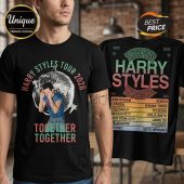 Black tee: Harry Styles Tour 2026, Together Together, with image. Back: City/Guest list in gradient. Retro font!