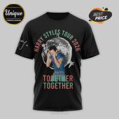 Black tee: Harry Styles Tour 2026 design with disco ball, stars, and text 