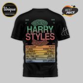 Black tee featuring Harry Styles tour dates and guest artists in retro gradient text!