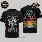 Black tee with Harry Styles Tour 2026 text/disco ball. Tour cities on back: Amsterdam, London. Guests: Robyn, Shania Twain!