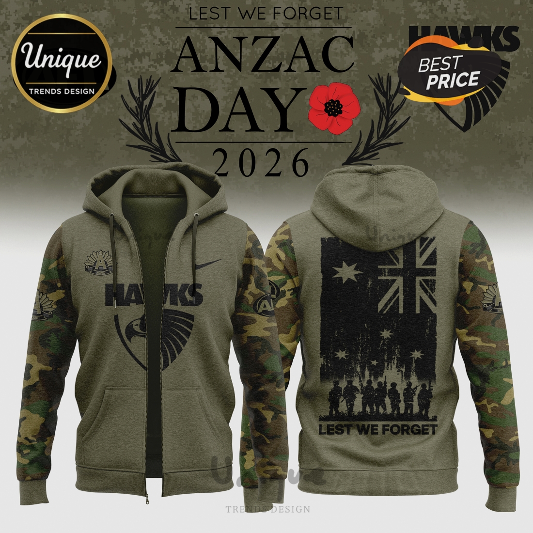 Hawthorn Hawks ANZAC Day 2026 Limited Edition Camo Hoodie Hawthorn Hawks ANZAC Day 2026 Limited Edition Camo Hoodie