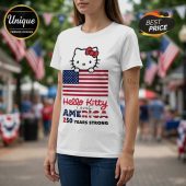 White tee: Hello Kitty loves America 250 Years Strong text with US flag. Red, white, and blue design!