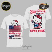 White tees! Hello Kitty, American flag design! Text: Hello Kitty loves America, 250 Years Strong! Stay Sweet, Stay Free!