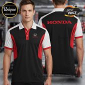 Honda polo shirt. Black, red, white color block design. Features Honda logo and text.!