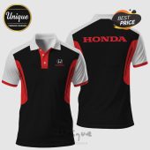 Honda polo shirt. Black, red, and white color block design. Features Honda logo and text.!