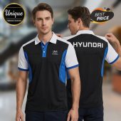 A man wearing a Hyundai polo shirt with black, white, and blue color blocking and the Hyundai logo.!