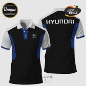 Hyundai logo polo shirt with black, white, and blue accents and the Hyundai name on the back.!