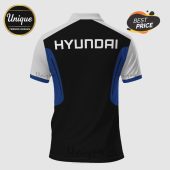 The back of a Hyundai-themed polo shirt shows the brand name in white text on a black background with blue and white accents.!