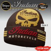 Indian Motorcycle brown beanie with skull and brand name. Custom name tag option is available.!